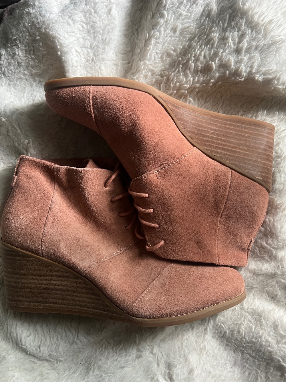 Toms Pink Suede Lace-Up Wedge Booties